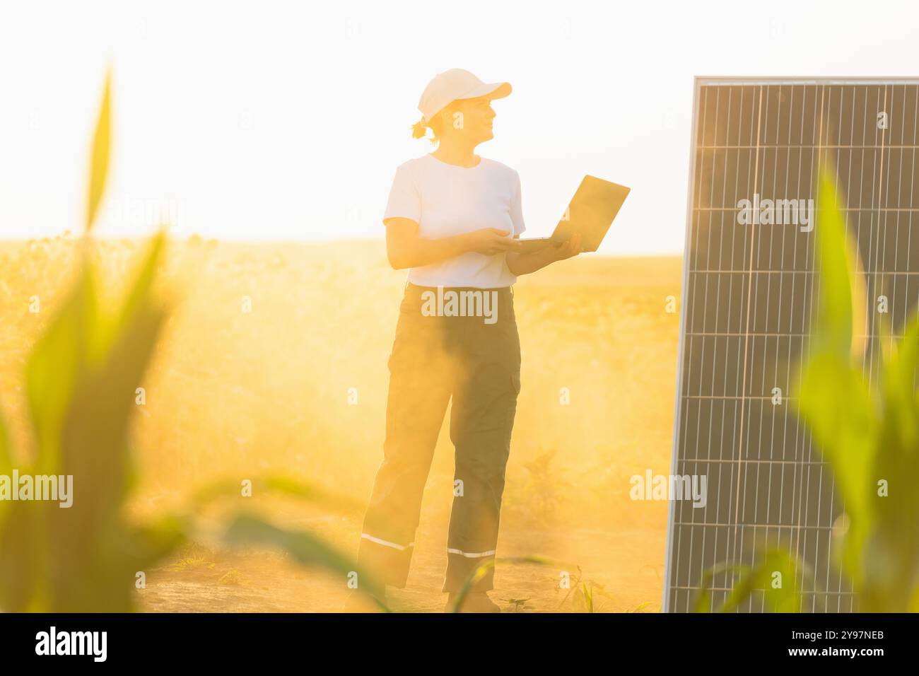 Femme agricultrice portant un chapeau blanc et un t-shirt avec des supports pour ordinateur portable à côté du panneau solaire.. Banque D'Images