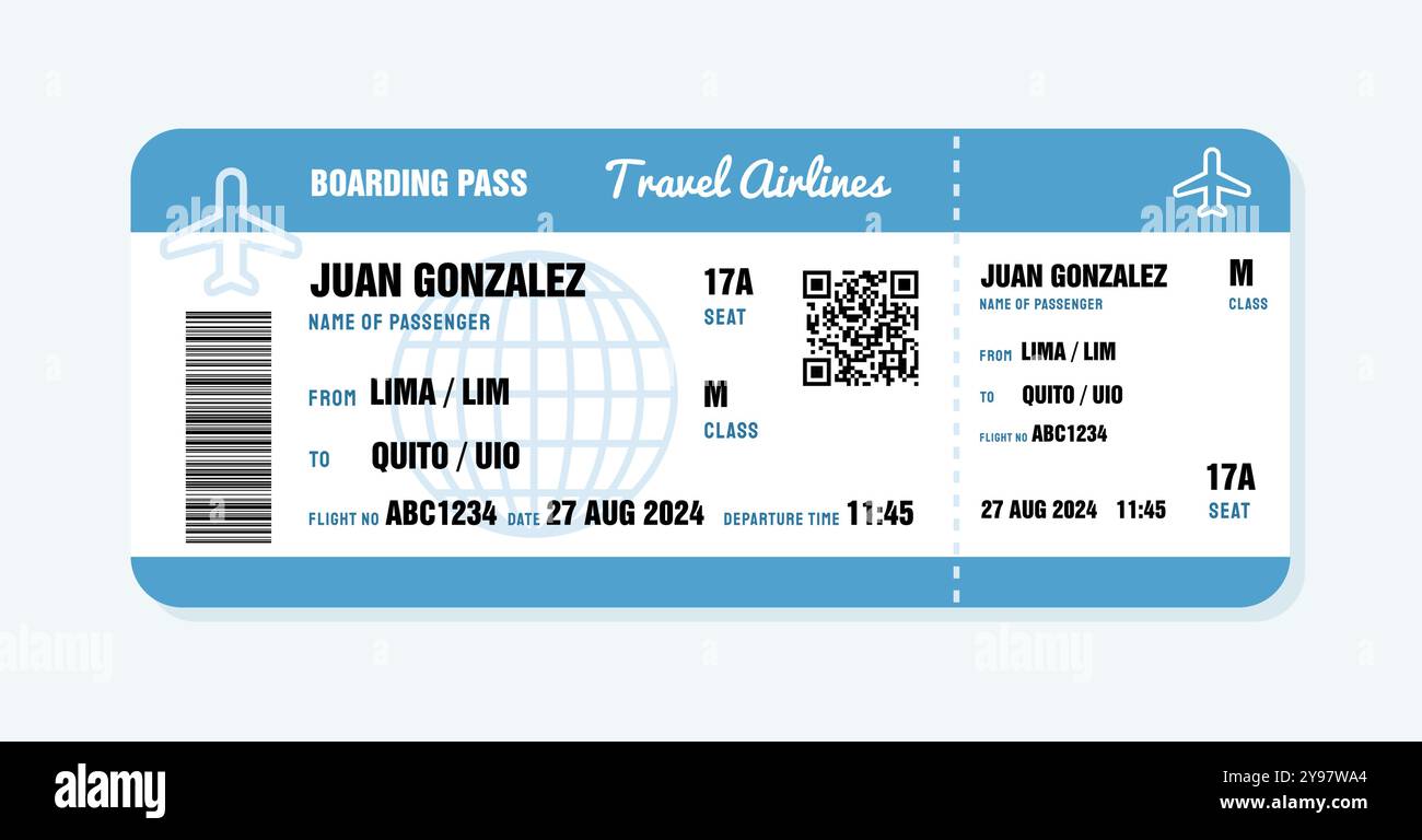 Billet pour Lima, Pérou. Modèle de carte d'embarquement avec données génériques. Illustration vectorielle de billet d'avion de voyage avec code QR. Illustration de Vecteur