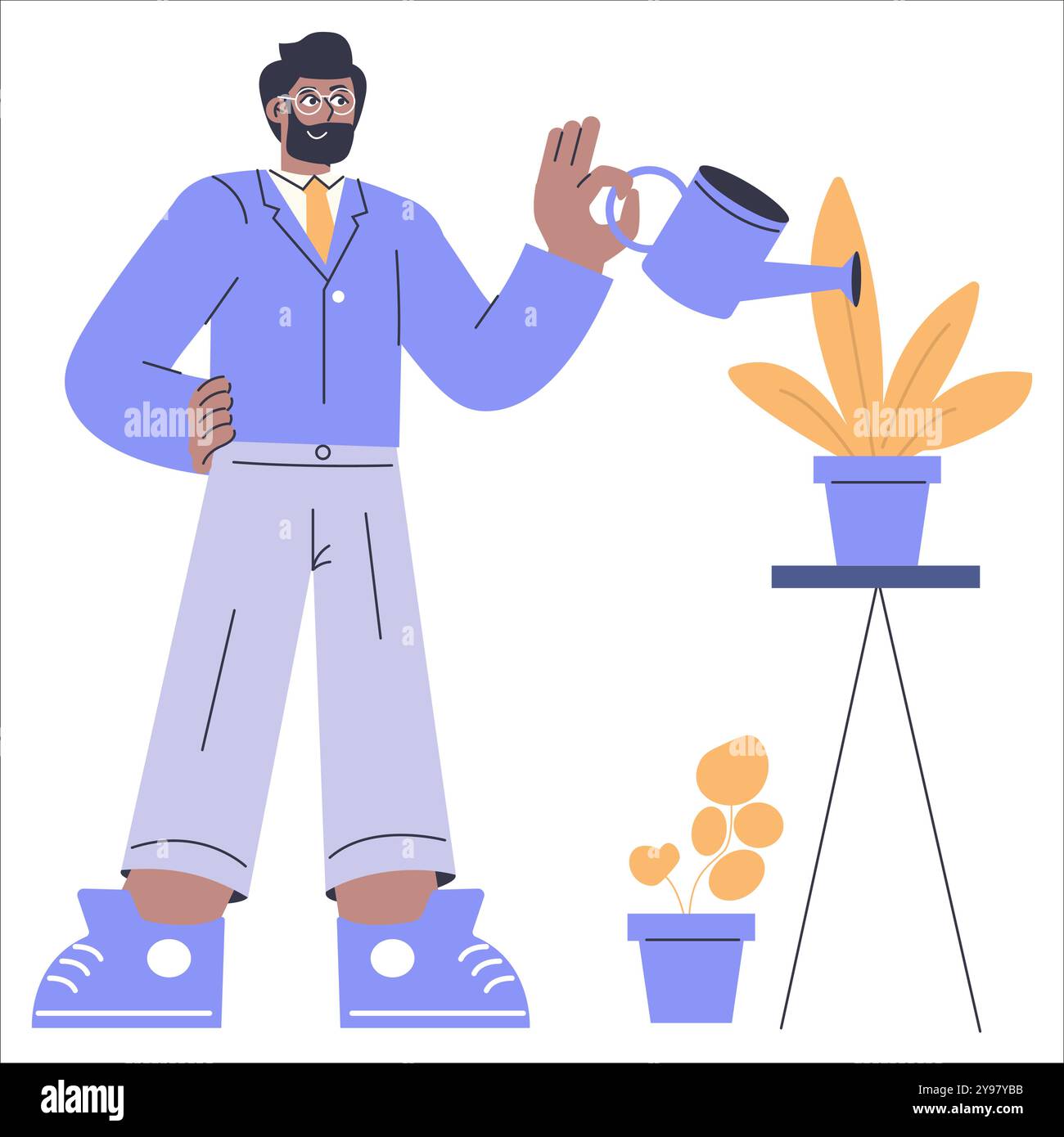 Concept d'homme d'affaires de diversité. Un professionnel arrosant les plantes, nourrissant la croissance. Développement professionnel, thème de soutien de carrière. Illustration vectorielle. Illustration de Vecteur