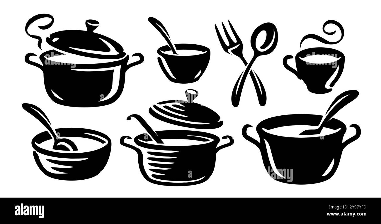 Batterie de cuisine, ensemble icônes d'ustensiles de cuisine. Concept alimentaire. Cuisine, symboles des arts culinaires Illustration de Vecteur