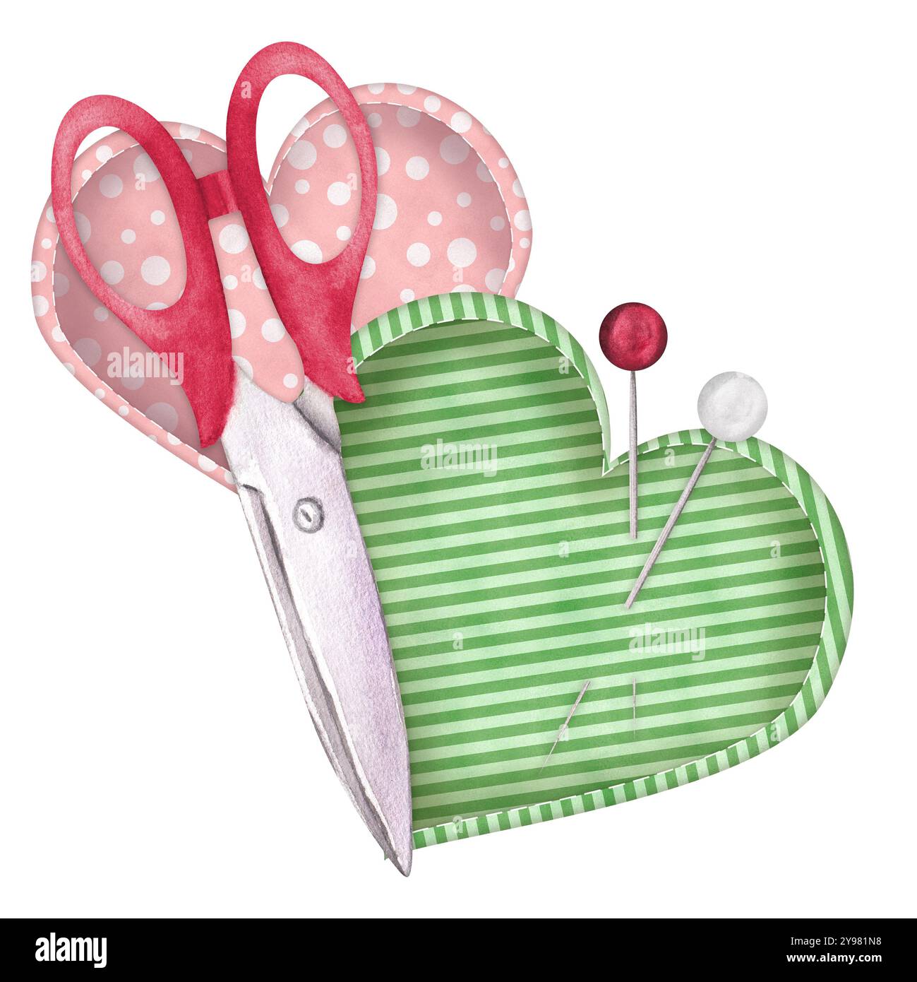 Deux coussins en tissu en forme de coeur avec ciseaux et épingles. Clipart de couture. Coutellerie. Illustration d'aquarelle dessinée à la main. Banque D'Images
