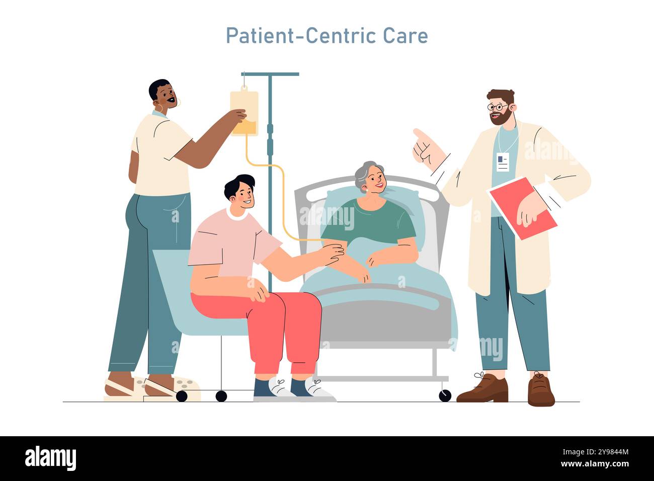 Concept de soins centrés sur le patient. Les professionnels de santé soignent et réconfortent un patient hospitalier. Service médical inclusif et compatissant. Illustration vectorielle. Illustration de Vecteur