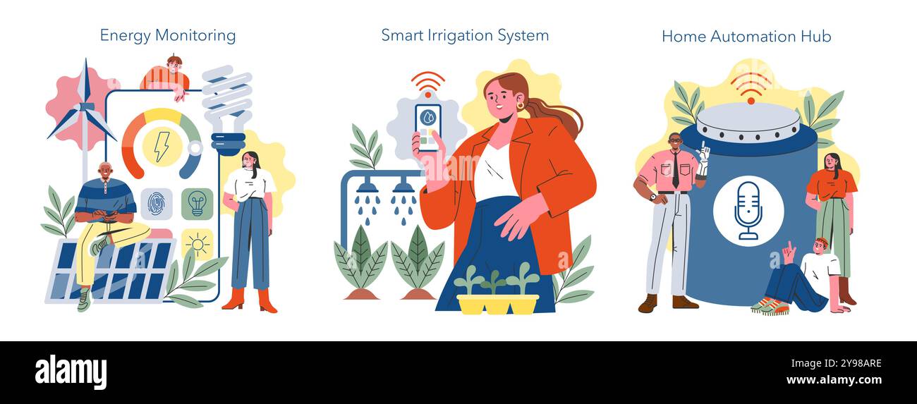 Smart Home Set. Comprend une surveillance de l'énergie, un système d'irrigation intelligent et un hub domotique. Les gens interagissent avec la technologie de pointe pour une vie efficace. Illustration vectorielle. Illustration de Vecteur