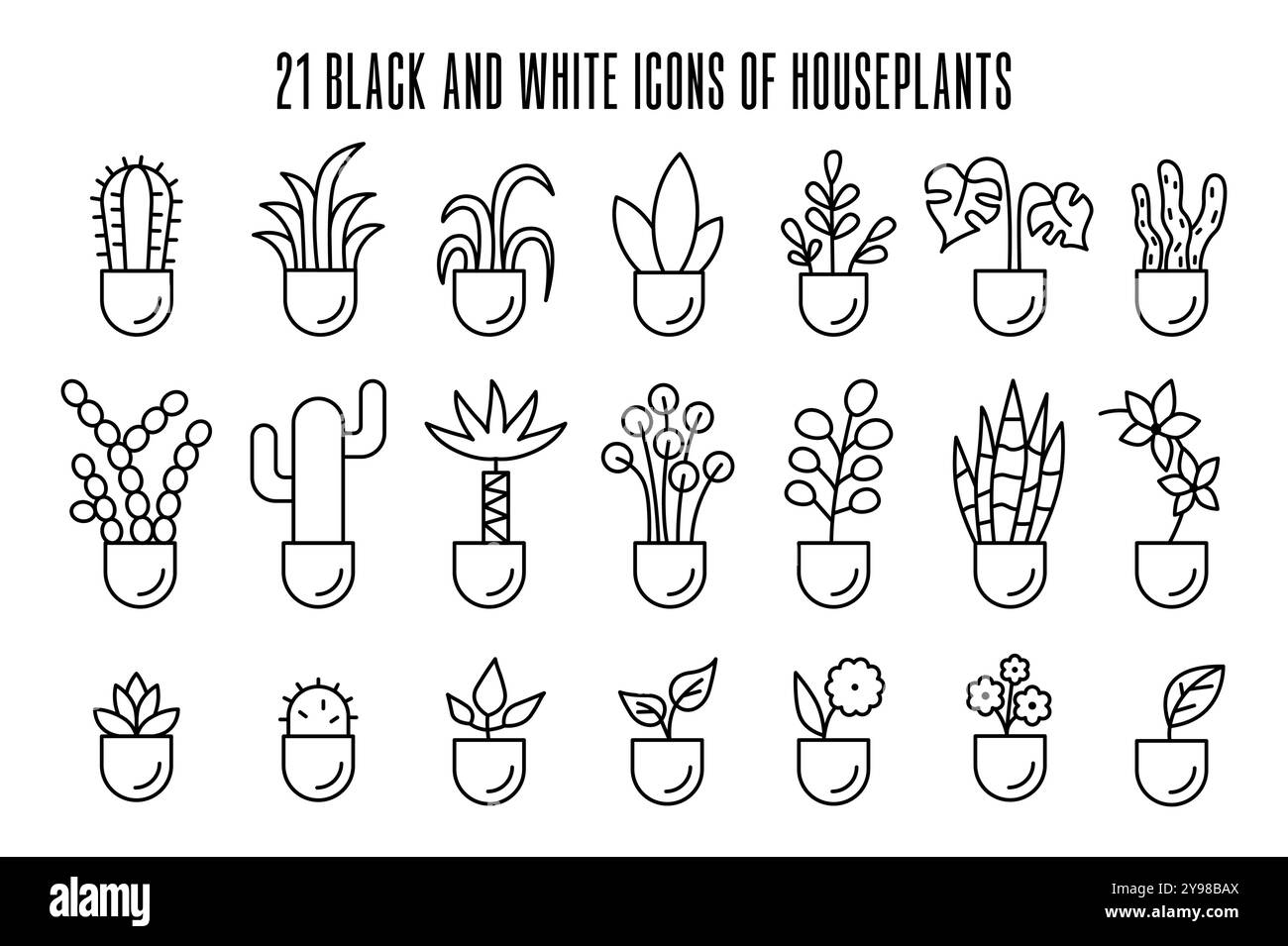 Jeu d'icônes de plantes d'intérieur. Fleur décorative en pot simple design linéaire noir et blanc. Flore en pot pour l'intérieur de la maison. Collection botanique. Illustration vectorielle plate Illustration de Vecteur