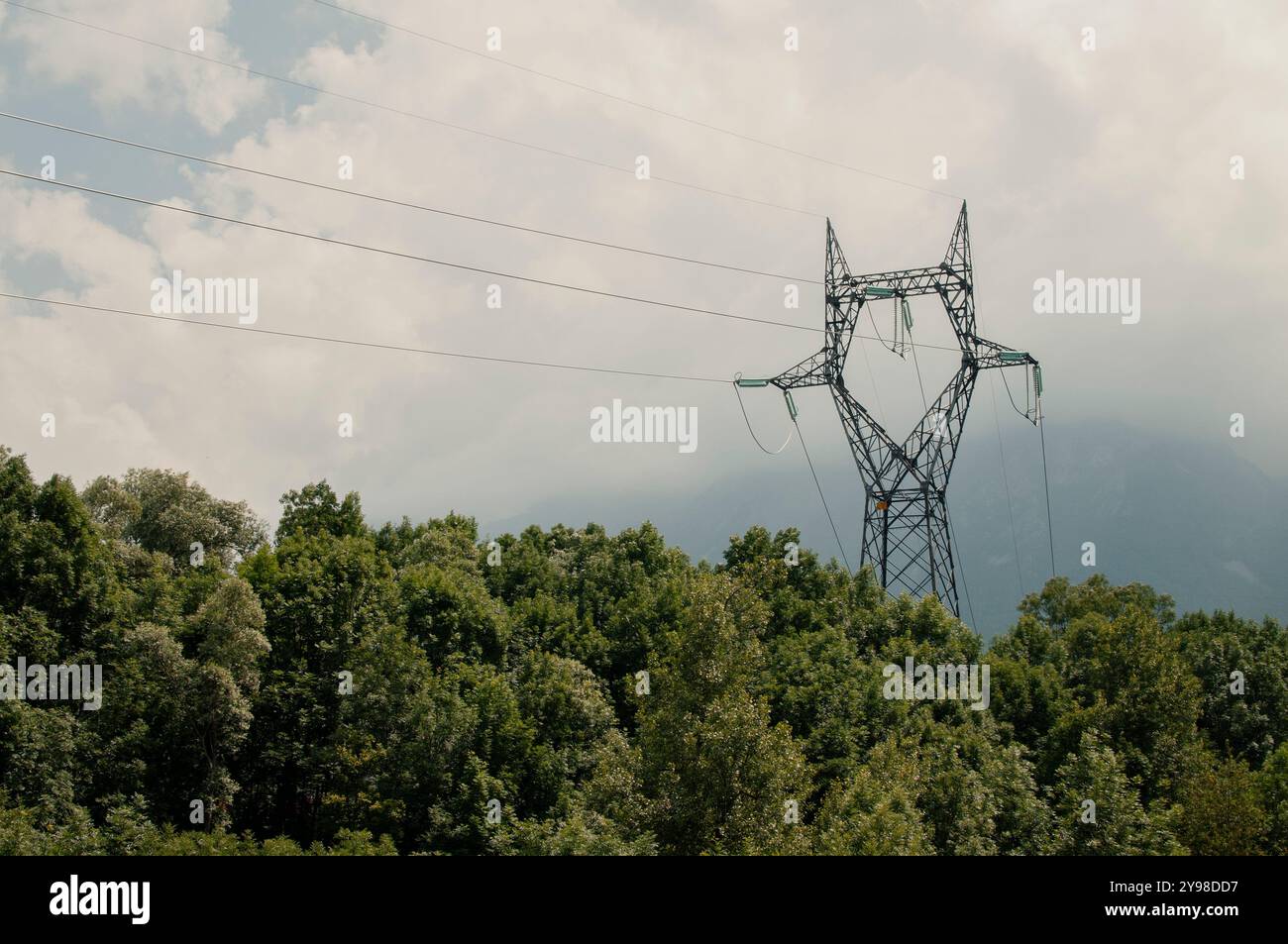 Pylône supportant des câbles haute tension dans une vallée des Alpes Maritimes Banque D'Images