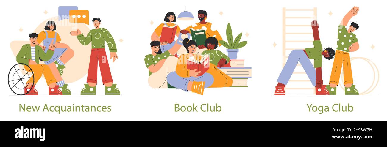 Clubs et sociétés ensemble. Diverses personnes s'engagent dans des clubs sociaux, des nouveaux groupes d'amitié aux clubs de livres et à la pratique du yoga. Concept d'activités communautaires inclusives. Illustration vectorielle. Illustration de Vecteur