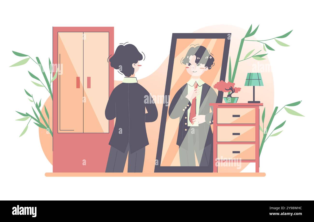 Routine quotidienne d'un homme asiatique. Un gars qui s'habille se prépare à aller travailler. Personnage masculin portant son costume de bureau ajustant une cravate. Horaire d'homme d'affaires, style de vie moderne. Illustration vectorielle plate Illustration de Vecteur