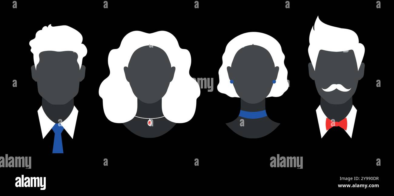 Silhouettes abstraites de femmes et d'hommes sans visage. Hommes abstraits en cravate et noeud papillon. Femmes abstraites en bijoux. Illustration vectorielle Illustration de Vecteur