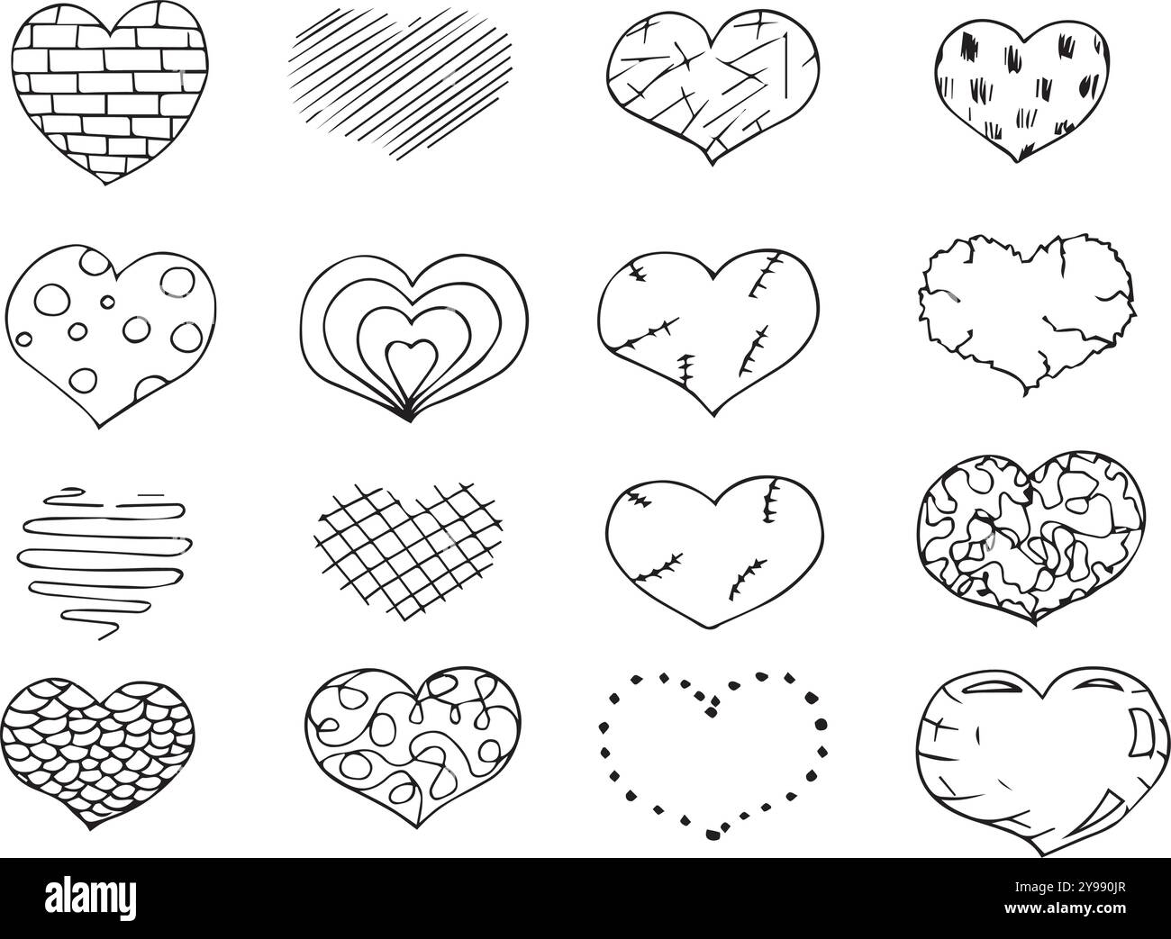 Jeu de croquis de coeurs de doodle dessiné à la main. Diverses collections d'amour d'icône de coeur dessinées à la main différentes isolées sur fond blanc. Symbole de coeur noir pour Vale Illustration de Vecteur