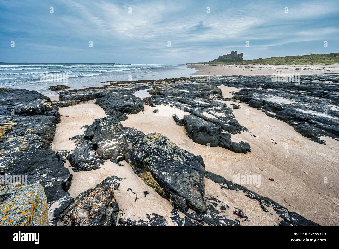 L'image est du château médiéval de Bamburgh qui surplombe la baie d'Embleton et la mer du Nord dans le Northumberland sur la côte nord-est de l'Angleterre Banque D'Images