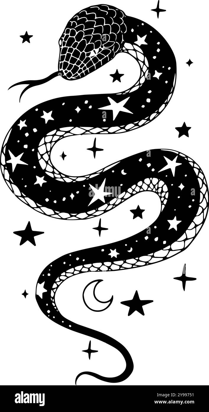 Illustration vectorielle de serpent dans le style dessiné à la main, conception de tatouage noir et blanc Illustration de Vecteur