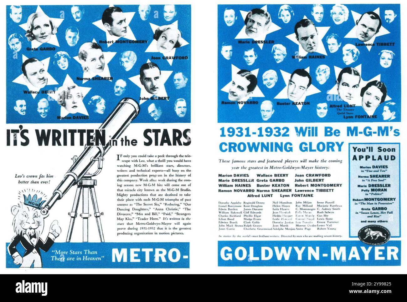 1931 Metro-Goldwyn-Mayer Studio ad - 'C'est écrit dans les étoiles' - Greta Garbo, Robert Montgomery, Joan Crawford et d'autres stars de M-G-M. Banque D'Images