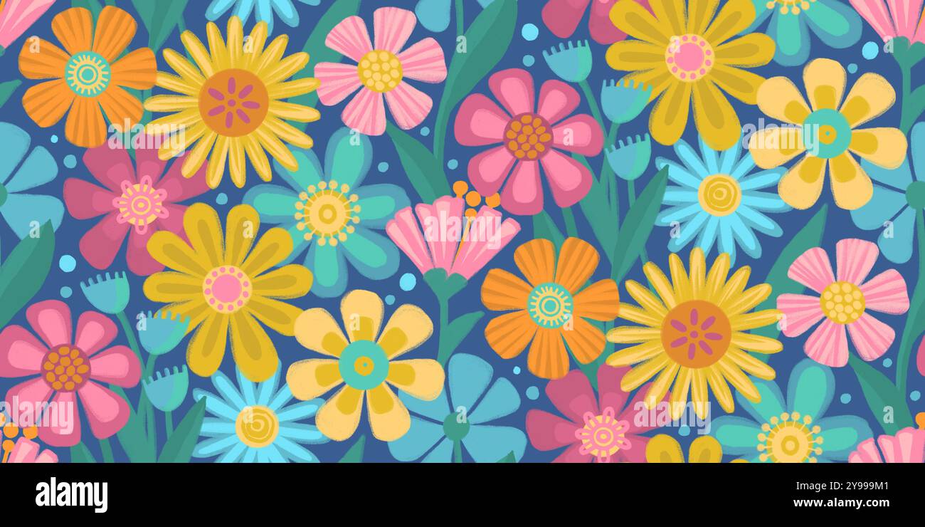 Motif floral vibrant avec des fleurs stylisées dans une variété de nuances pastel, des feuilles et des tiges vertes dans un design vertical répétitif sur fond bleu profond avec une esthétique ludique. Banque D'Images