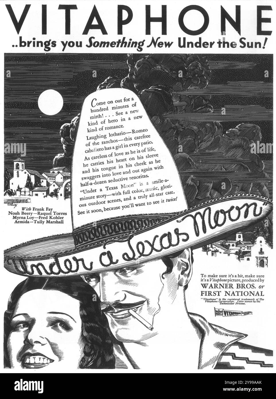 1930 sous une affiche fim Texas Moon. Comédie musicale occidentale. Vitaphone/ Warner Bros ; en Technicolor. Réalisé par Michael Curtiz. Avec Frank Fay, Raquel Torres Banque D'Images