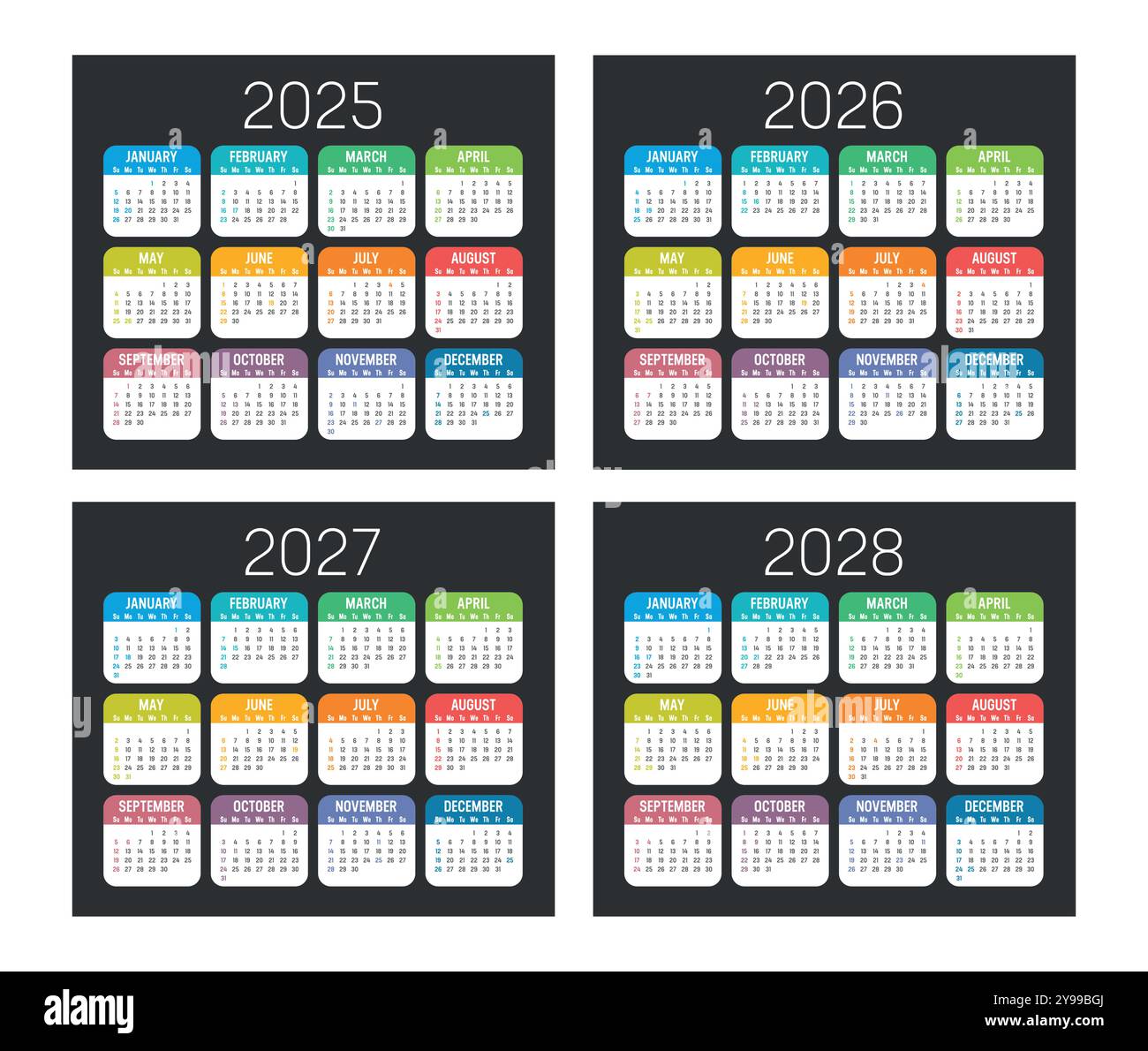 Ensemble de calendrier coloré des États-Unis, planificateur de l'année 2025 2026 2027 2028, fond sombre langue anglaise Illustration de Vecteur