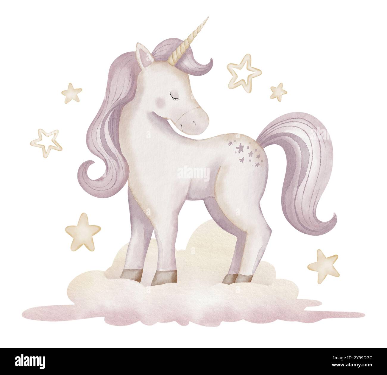 Licorne sur illustration aquarelle de nuage. Illustration de petit cheval mignon avec corne pour les cartes de voeux de douche de bébé ou invitation d'anniversaire enfantin. Poney avec étoiles pour filles nursery mur compris Banque D'Images