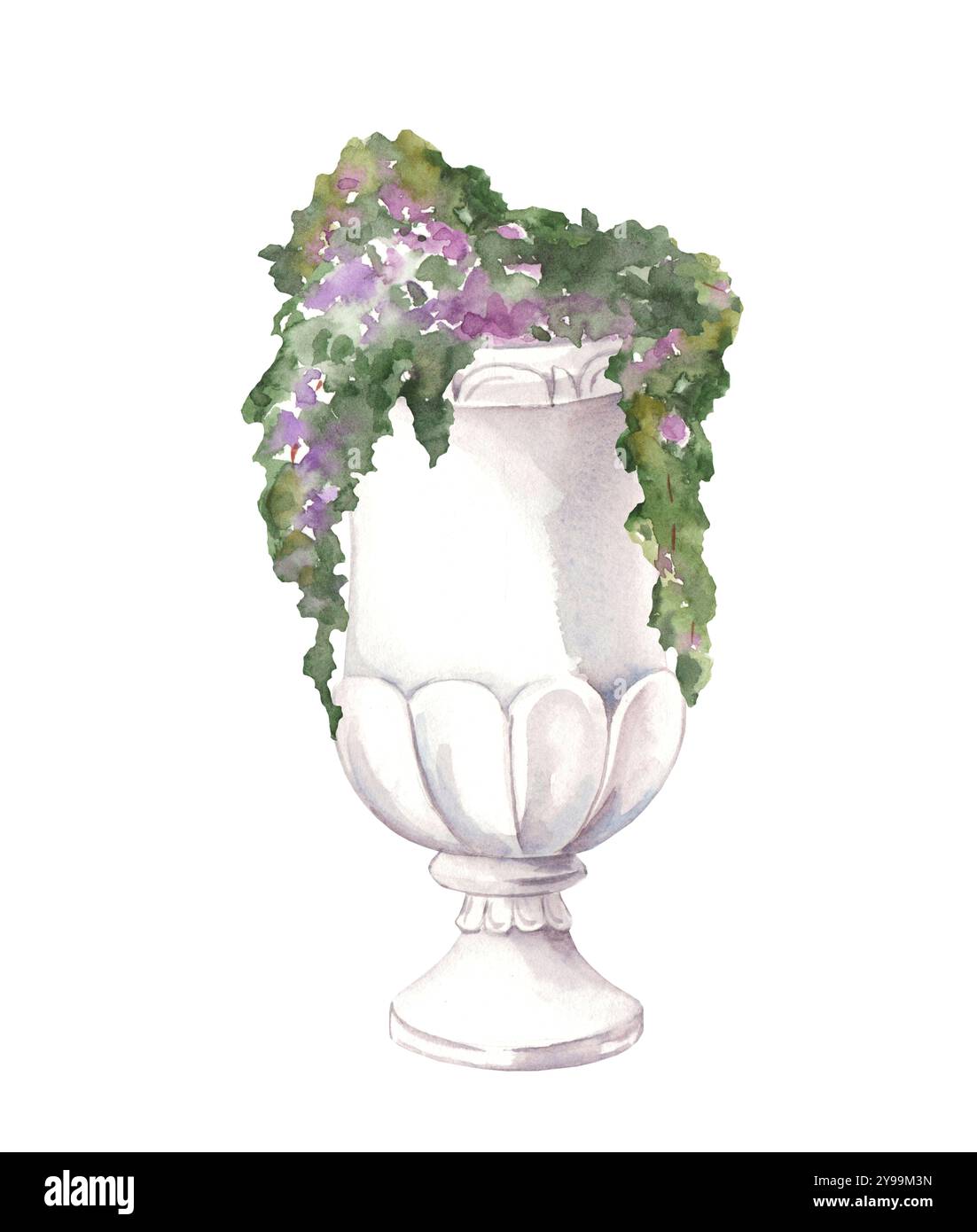 Illustration aquarelle de délicates fleurs suspendues de lilas dans un vase en pierre de style antique isolé sur fond blanc. Aménagement paysager du parc et Banque D'Images