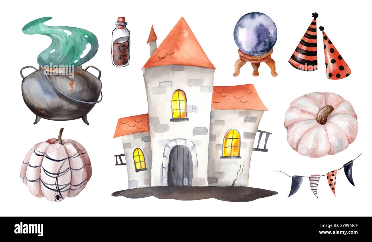 Ensemble d'illustrations d'Halloween aquarelle. Maison hantée effrayante et attributs magiques. Collection de décors de fête d'automne Banque D'Images