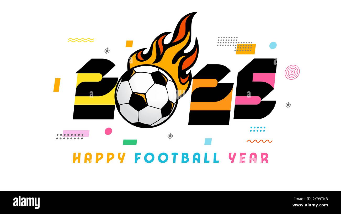 Numéros Happy Football Year 2025 et éléments colorés de style memphis. Lettrage concept de saison d'hiver pour club de sport avec logo 2025 et ballon de football Illustration de Vecteur