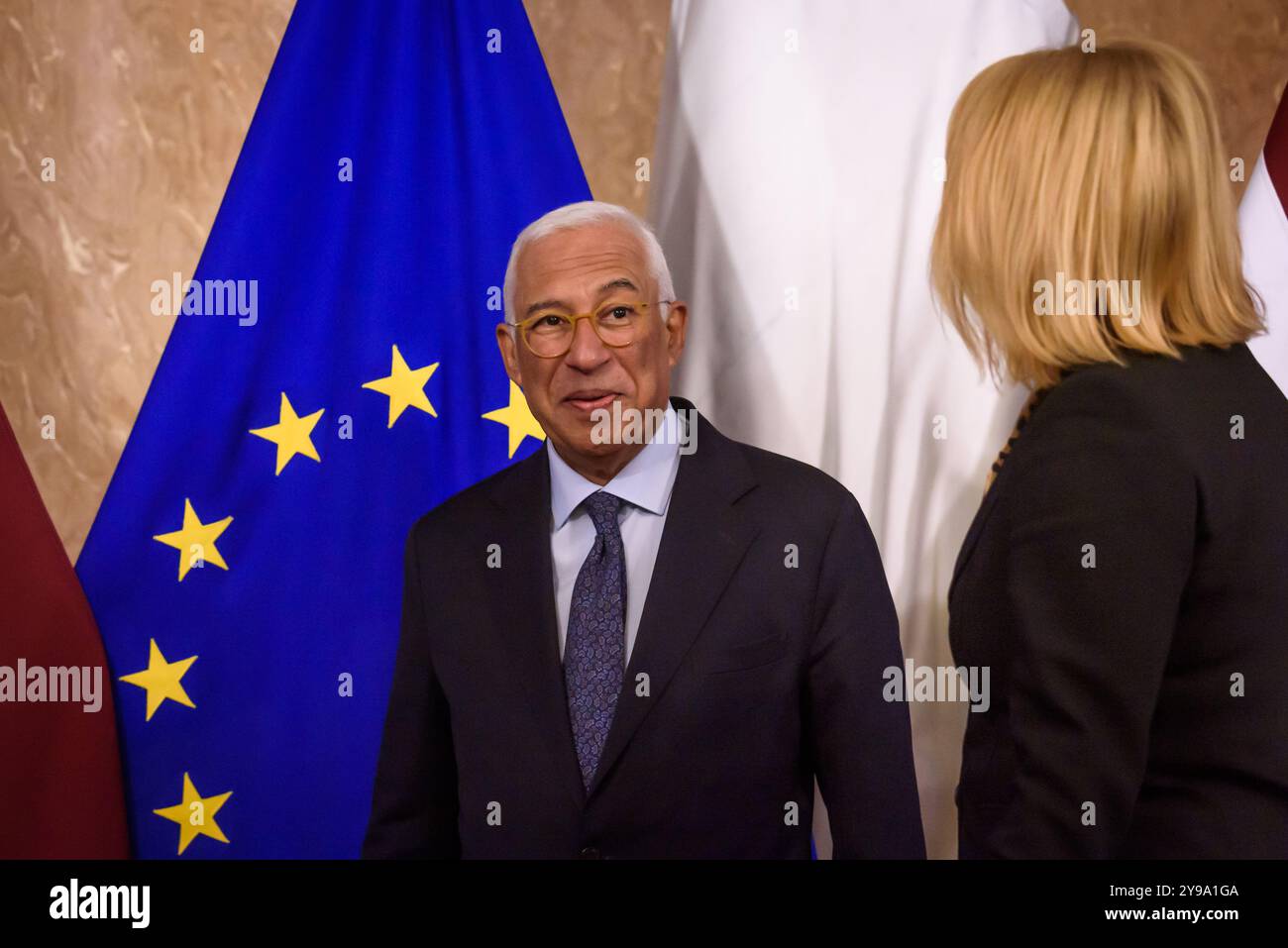 RIGA, Lettonie. 9 octobre 2024. Evika Silina, premier ministre letton, rencontre Antonio Costa (photo), président élu du Conseil européen. Crédit : Gints Ivuskans/Alamy Live News Banque D'Images