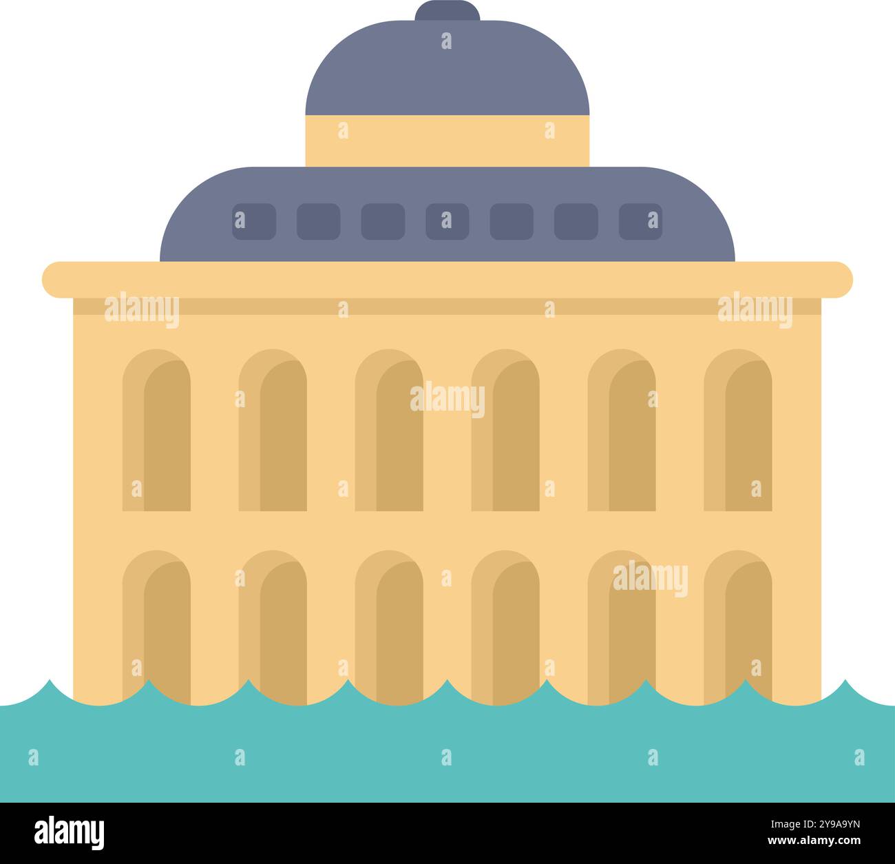 Bâtiment gouvernemental avec de l'eau qui monte autour, illustrant le concept de changement climatique Illustration de Vecteur