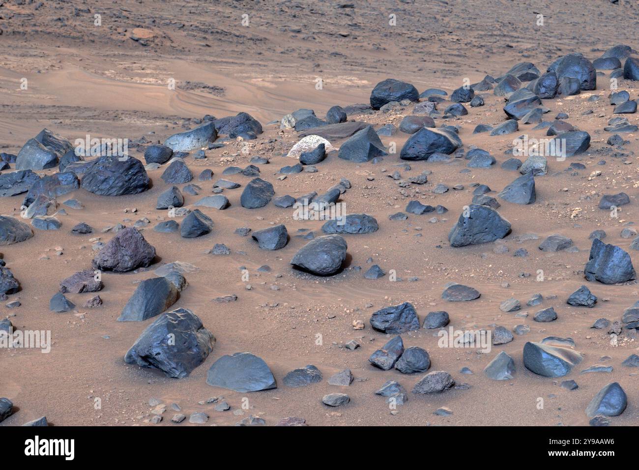 Composée de 18 images, cette mosaïque montre un champ de rochers sur 'Mount Washburn' (nommé d'après une montagne dans le Wyoming) dans le cratère Jezero de mars. L'équipe scientifique de persévérance a surnommé le rocher aux tons clairs avec des taches sombres près du centre de la mosaïque 'Atoko point' (d'après une caractéristique dans l'est du Grand Canyon). le rover Perseverance mars de la NASA a acquis les images le 27 mai 2024, le 1 162e jour martien, ou sol, de la mission. Dans cette version couleur améliorée de la mosaïque, les bandes de couleur de l'image ont été traitées pour améliorer le contraste visuel et accentuer les différences de couleur, provoquant le Mart Banque D'Images