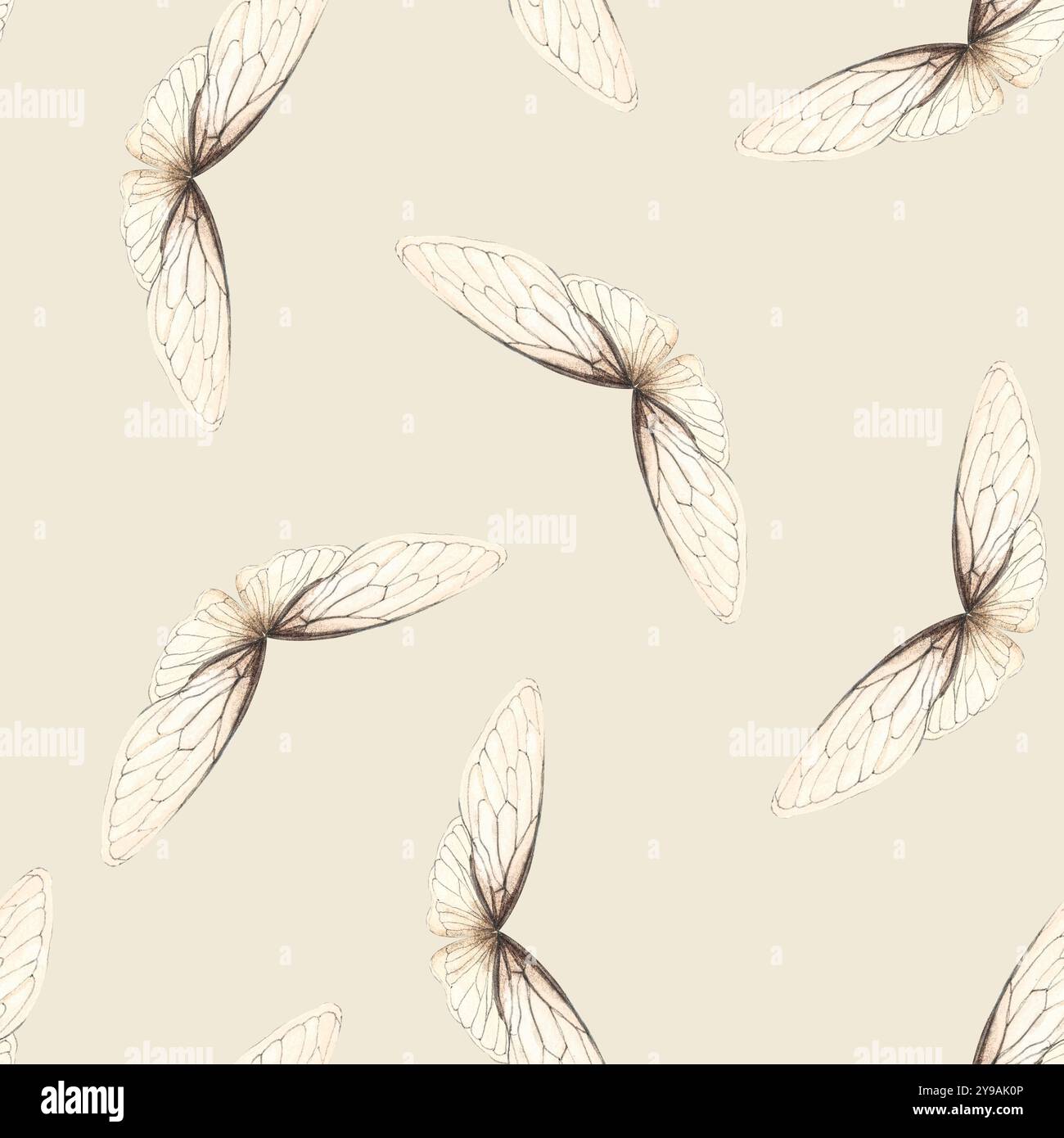 Ailes d'insecte peint à la main motif sans couture carré d'aquarelle sur fond beige. Art de haute qualité parfait pour scrapbooking, linge de lit, textile Banque D'Images