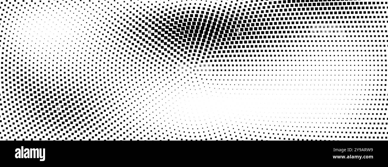Fond en pointillés radiaux demi-tons. Texture dégradée à points carrés. Superposition de grain rugueux noir blanc. Papier peint à gradation concentrique de saleté. Toile de fond de dessin animé circulaire grunge. Vecteur Illustration de Vecteur