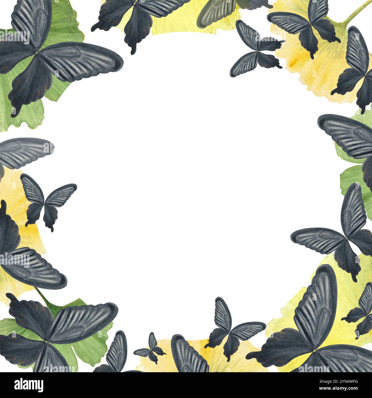 Papillon noir peint à la main cadre carré aquarelle avec feuilles de ginkgo sur le fond isolé sur blanc. Illustration de haute qualité parfaite pour Banque D'Images