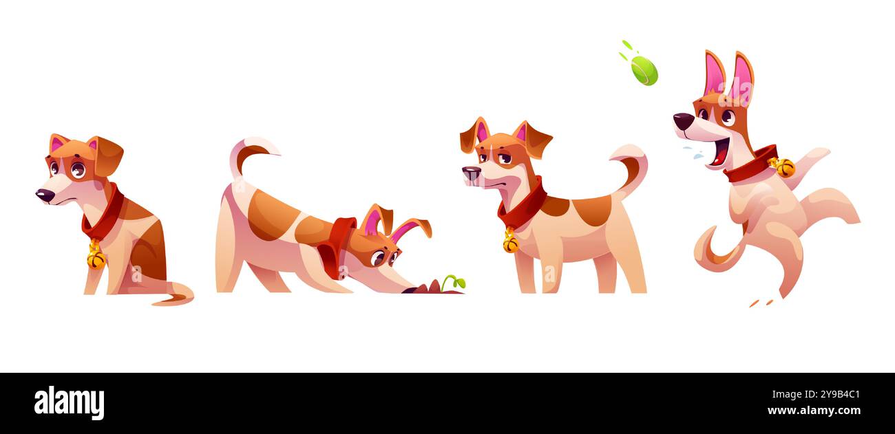 Ensemble d'émotions de chien isolé sur fond blanc. Illustration vectorielle de chiot Jack russell terrier assis seul et triste, reniflant le sol, debout, jouant activement avec la balle, ami animal mignon Illustration de Vecteur