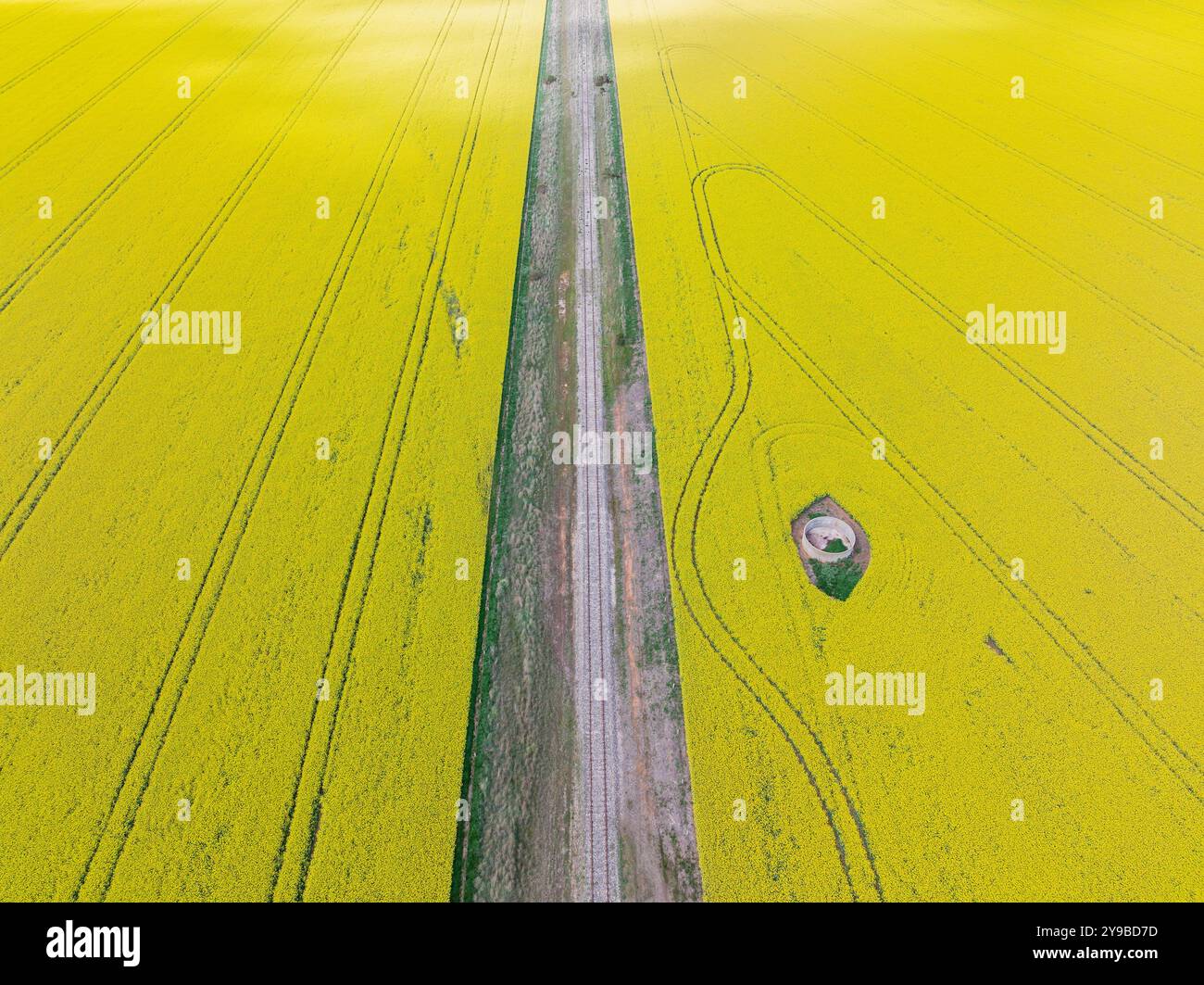 Vue aérienne d'une ligne de chemin de fer abandonnée traversant des dépôts de canola jaune vivant à Moolort, dans le centre de Victoria, en Australie Banque D'Images