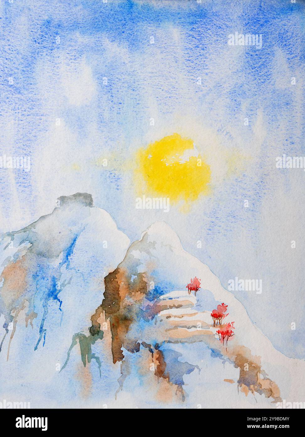 Soleil jaune se levant sur les montagnes enneigées en hiver matin. Art aquarelle peint à la main créé avec de la peinture aquarelle et des pinceaux. Banque D'Images