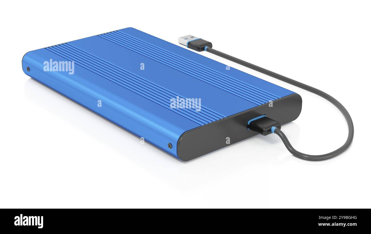 Unité de stockage externe avec câble USB isolé sur fond blanc. Illustration 3D. Banque D'Images