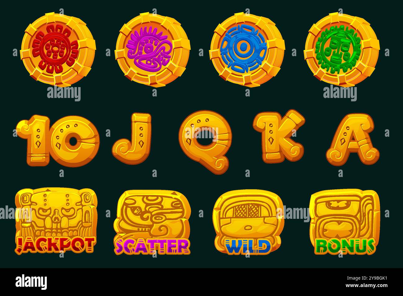 Ensemble doré de 12 symboles de machine à sous thème maya ou aztèque. Élément d'interface utilisateur pour votre jeu. Icônes pour Jeux 2D et Casino ou machines à sous. Eléments graphiques pour le Illustration de Vecteur