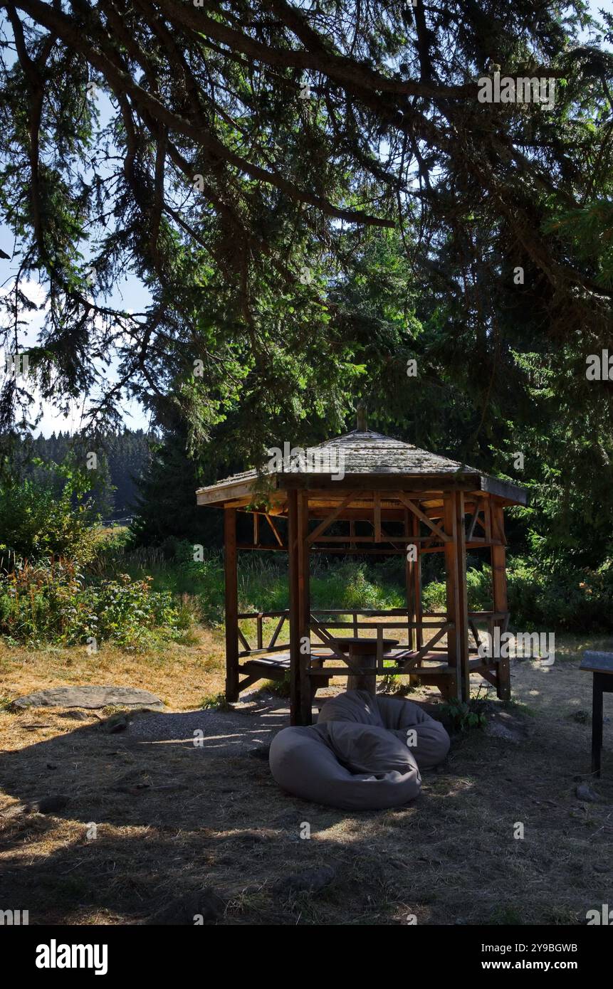 Un coin confortable avec une alcôve, une table en bois et des bancs pour se reposer dans une prairie forestière au pied du pic Noir sur la montagne Vitosha, Bulgarie Banque D'Images