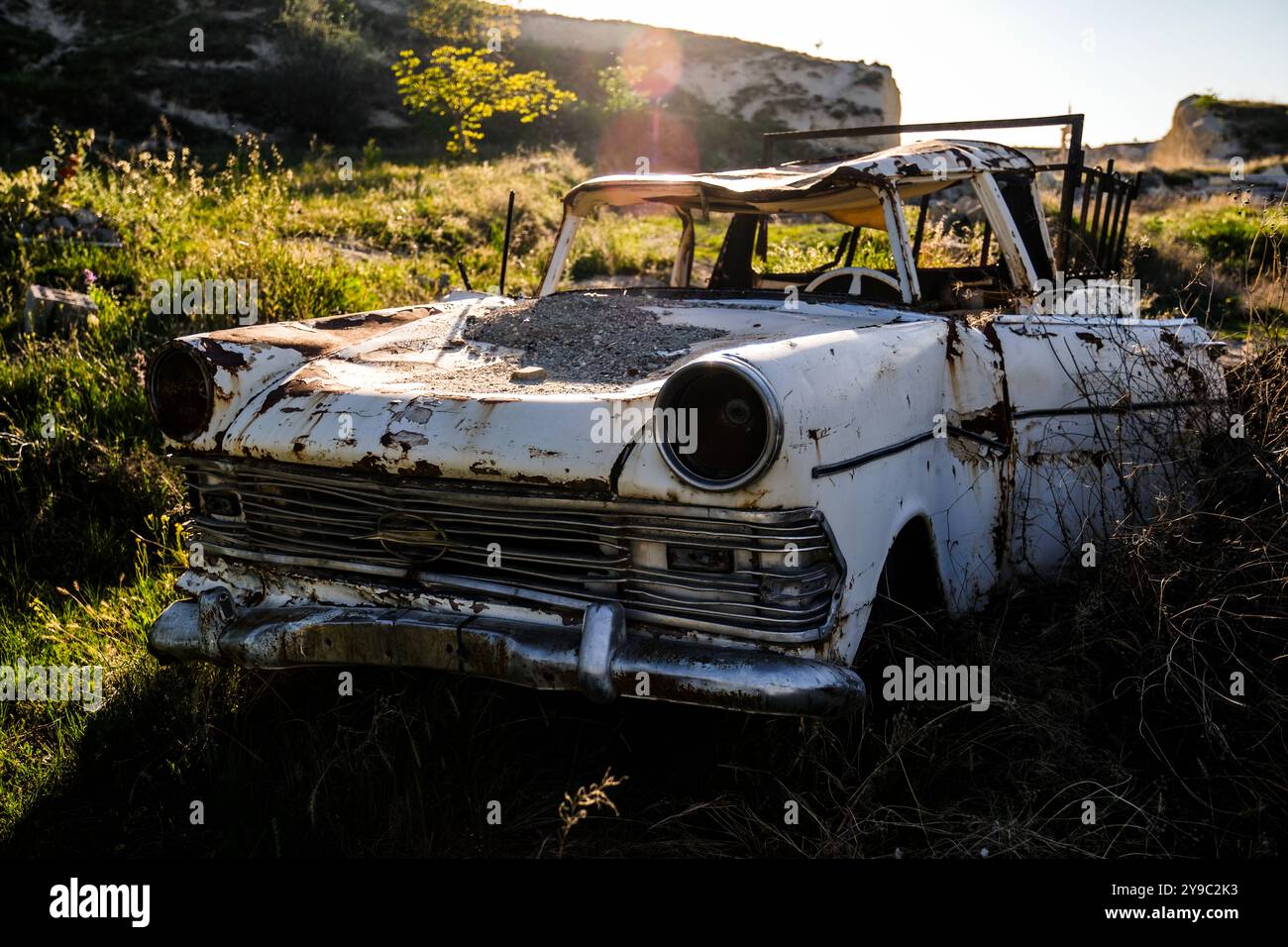 Vieux pick-up blanc abandonné dans la nature Banque D'Images