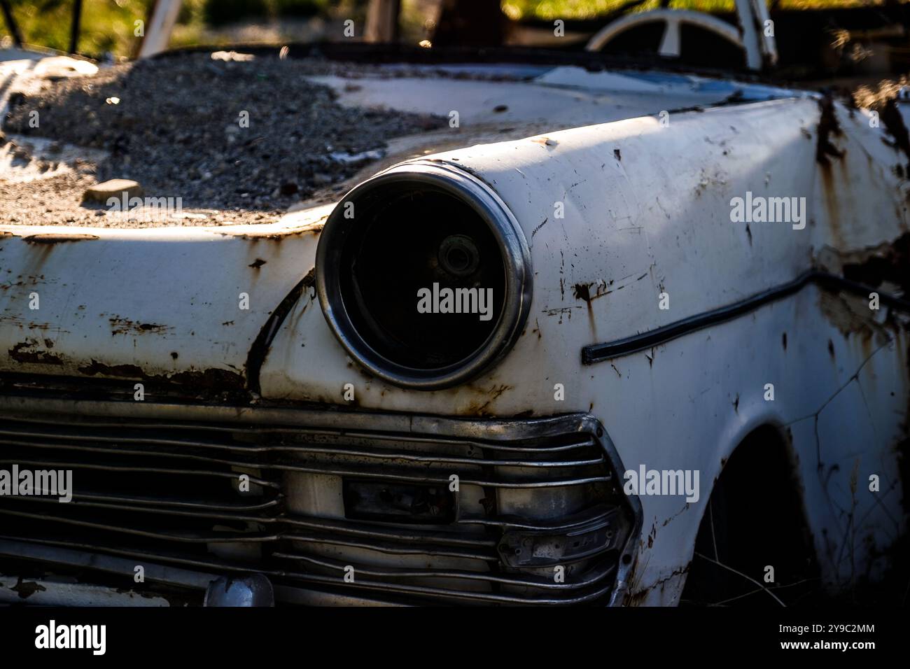 Vieux pick-up blanc abandonné dans la nature Banque D'Images