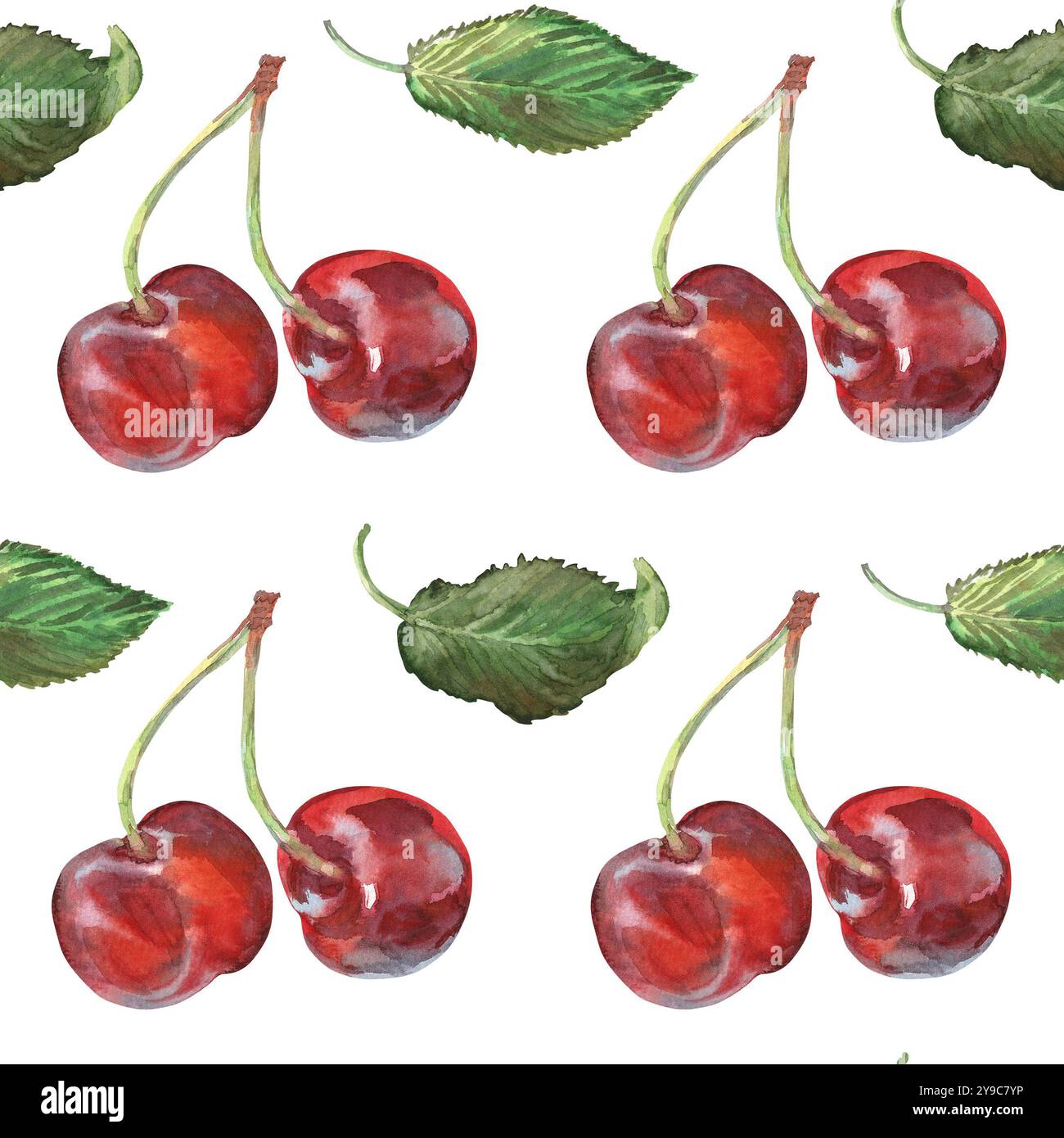 Motif de cerise sans couture avec des feuilles à l'aquarelle dessinées à la main. Baie rouge mûre sur un bouquet de cerises. Deux cerises sont peintes très brillamment et avec Banque D'Images