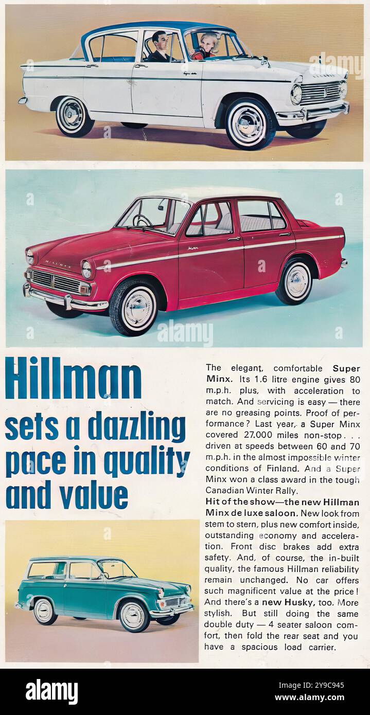 Hillman Super Minx, Minx & Husky (modèles 1964) couleur - publicité de voiture de presse vintage Banque D'Images