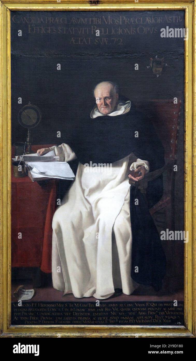Portrait du père Jeronimo MOS (1628) par Jerónimo Jacinto de Espinosa (1600-1667). Moine espagnol âgé assis à son bureau avec des livres et une horloge. Banque D'Images