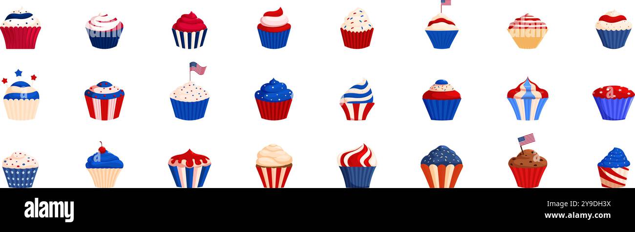 jeu d'icônes de cupcake du 4 juillet. Collection de délicieux cupcakes décorés de couleurs patriotiques et de drapeaux, parfaits pour représenter les fêtes américaines Illustration de Vecteur