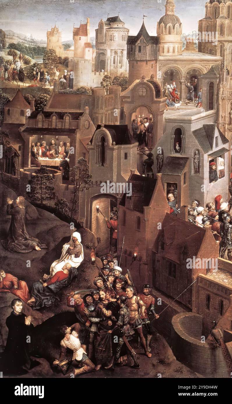 MEMLING, Hans (né vers 1440, Seligenstadt, d. 1494, Bruges) scènes de la passion du Christ (côté gauche) 1470-71 huile sur panneau de chêne Galleria Sabauda, Turin les scènes suivantes sont représentées dans le tableau. Entrée à Jérusalem (côté gauche) ayant pris congé de sa mère (elle se tient à l'extrême gauche avec Marie Madeleine), le Christ monte un âne vers la porte de la ville, suivi à pied par les Apôtres. Les gens coupèrent des branches de palmier et enlevèrent leurs manteaux, qu'ils étalèrent sur le sol. Un homme, les genoux à moitié pliés, remet sa casquette. Cette pose est standard pour son t Banque D'Images