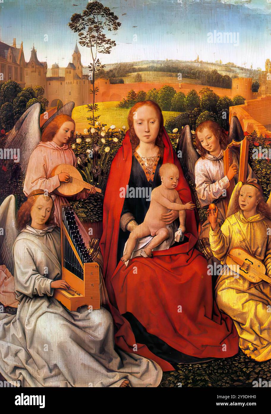 MEMLING, Hans (né vers 1440, Seligenstadt, d. 1494, Bruges) Vierge à l'enfant avec le musicien Anges 1480 huile sur chêne, 40 x 29 cm Alte Pinakothek, Munich le panneau est l'aile gauche d'un diptyque, dont l'aile droite représente le donateur avec Saint Georges. --- mots-clés : ------------- Auteur : MEMLING, Hans titre : Vierge à l'enfant avec le musicien Angels chronologie : 1451-1500 École : flamande forme : peinture type : religieux Banque D'Images