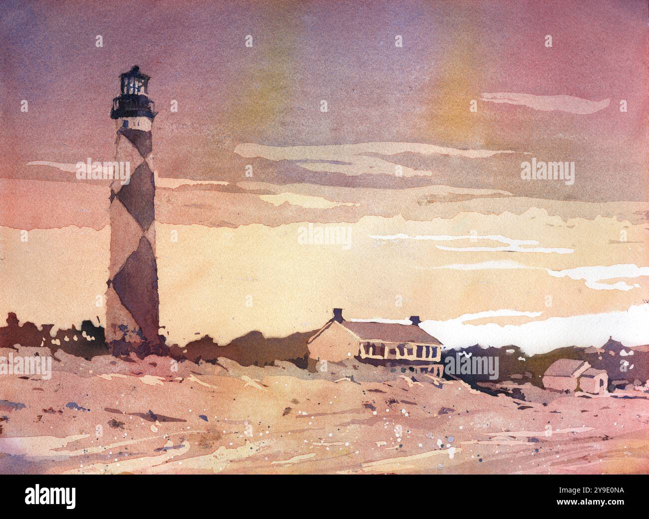 Paysage aquarelle coloré Cape Lookout Outer Banks (OBX), NC Coastal art art fait à la main art article pour la maison Banque D'Images