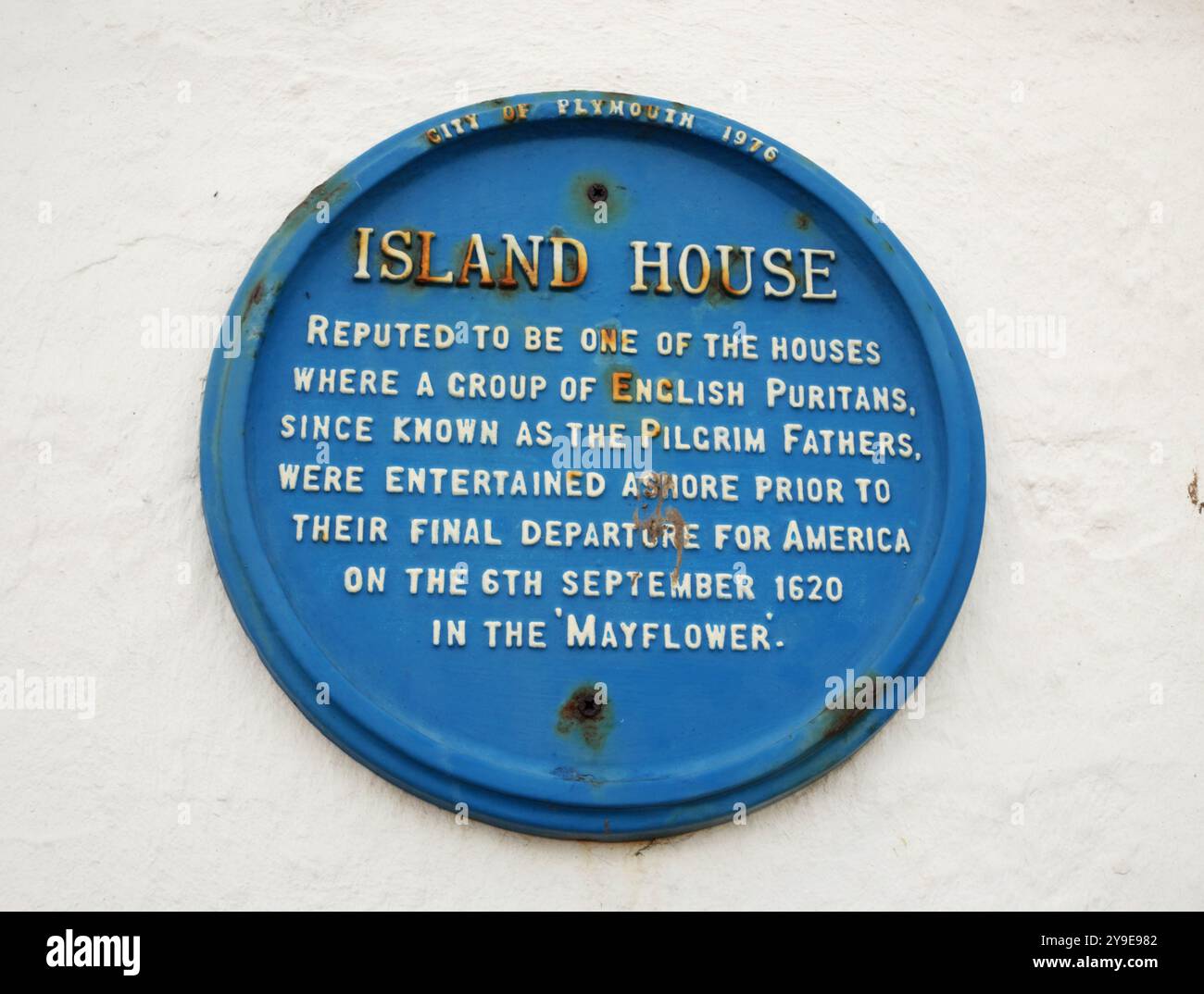 Plaque sur Island House, Plymouth Barbican, commémorant les Pères pèlerins. Banque D'Images