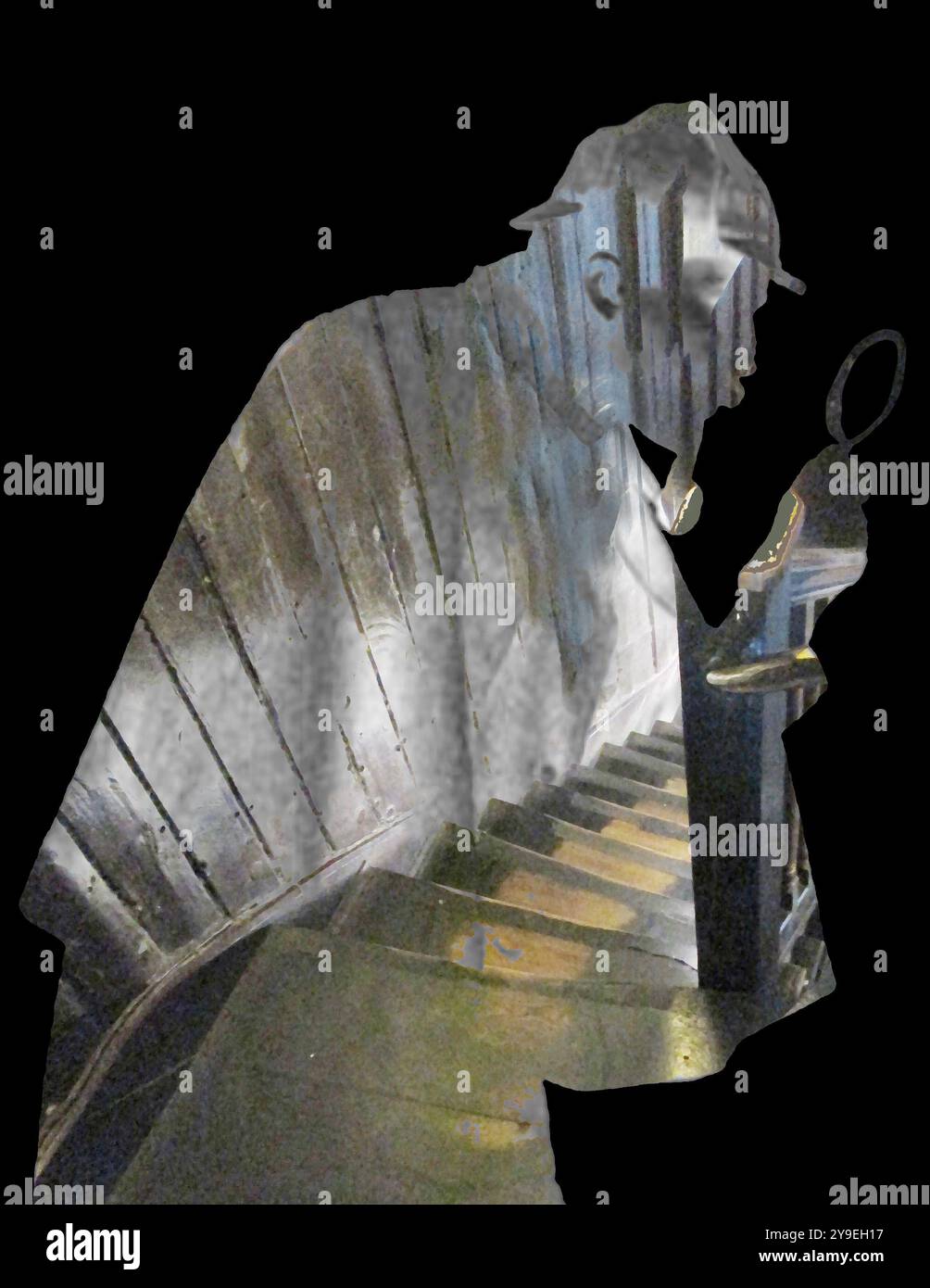 Sherlock Holmes a inspiré l'art, contour de détective classique sur fond noir, couverture de livre de costume, illustration de magazine, fiction criminelle, mystère Banque D'Images