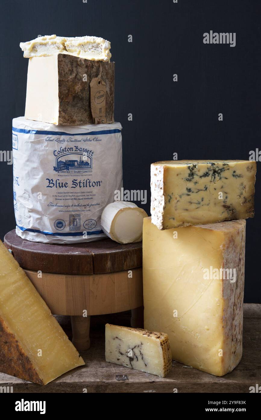 Une sélection alléchante de fromages artisanaux avec le célèbre Blue Stilton et une variété de fromages vieillis, à pâte molle et à pâte dure. Banque D'Images