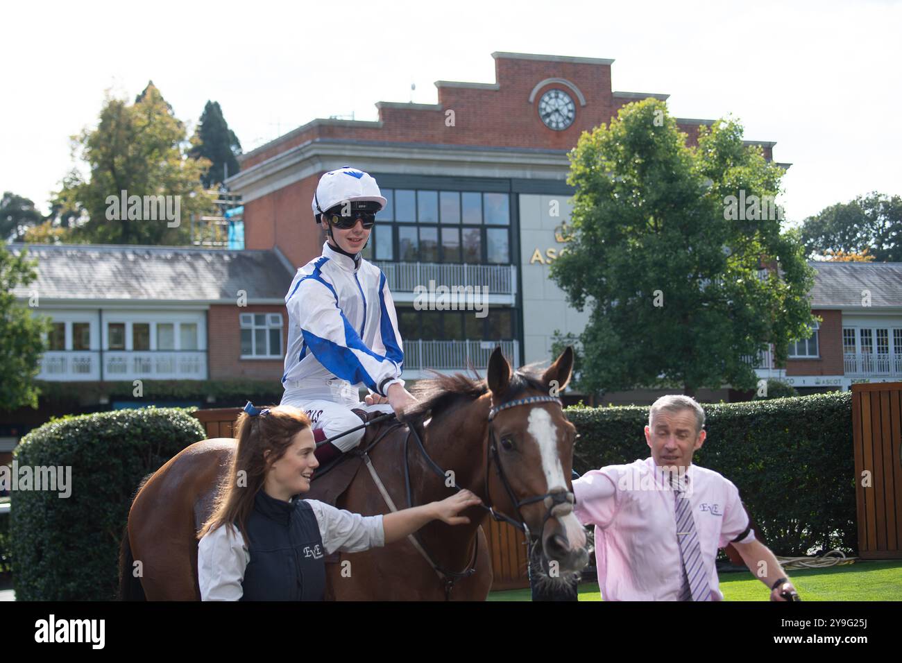 Ascot, Berkshire, Royaume-Uni. 4 octobre 2024. LE GUERRIER MERCIEN piloté par M. Jack Nicholls remporte les épreuves de handicap des Jockeys amateurs de Molton Brown (classe 4) (pour les cavaliers amateurs masculins) au BetMGM Autumn Friday Raceday à Ascot Racecourse dans le Berkshire. Propriétaire The Buckingham Partnership II, entraîneur Eve Johnson Houghton, Blewbury, éleveur Conor McCormack, commanditaire ABM Catering Limited. Crédit : Maureen McLean/Alamy Banque D'Images