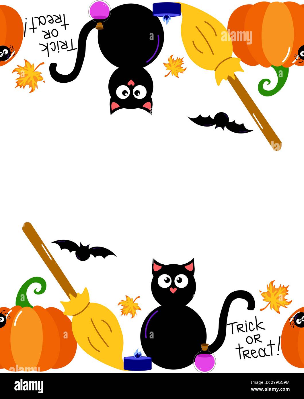 Bordure et séparateur de cadre d'Halloween avec silhouettes vectorielles de citrouilles, chapeau de sorcière, chauve-souris, bougie, potion, balai. Bannière web de vacances de dessin animé d'Halloween bo Illustration de Vecteur