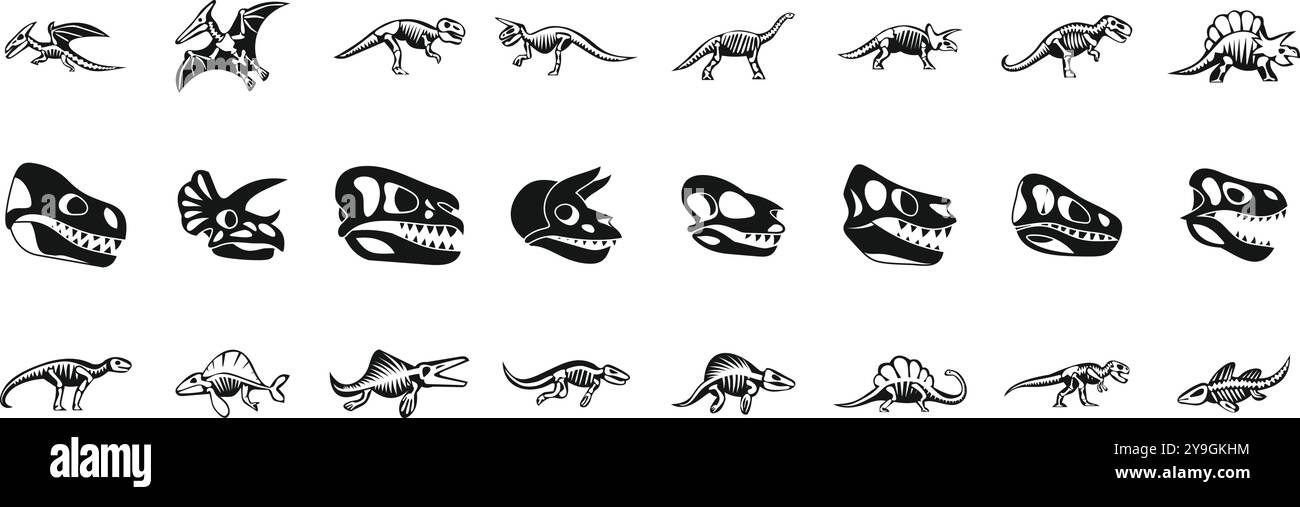 Jeu d'icônes de squelette de dinosaure. Les squelettes de dinosaures montrent l'anatomie d'animaux préhistoriques qui vivaient il y a des millions d'années Illustration de Vecteur